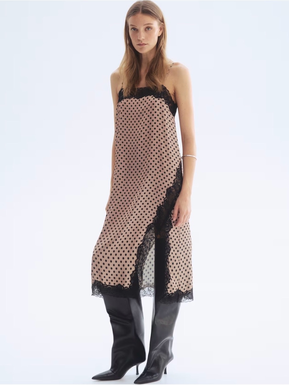 H&M Size XS  Beige Polka Dot Lace Trim Slip Dress NWT